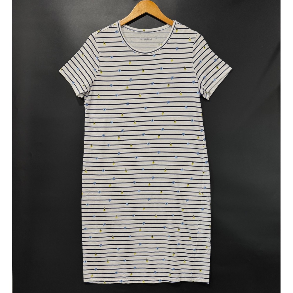 Laura Scott T-Shirt Dress Womens L White Blue Striped Floral Short Sleeve Cotton